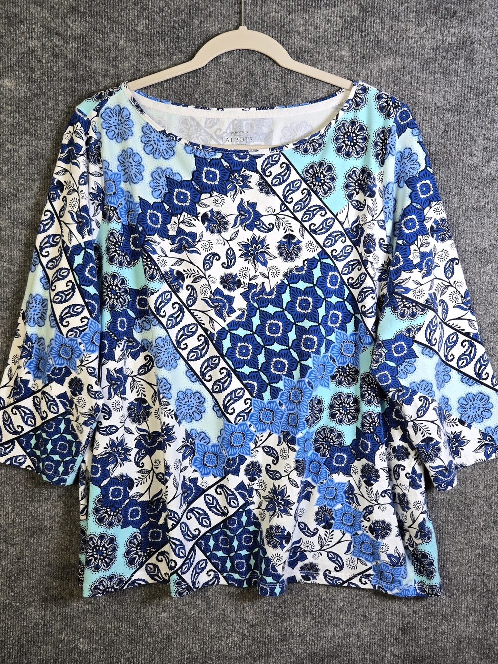 Talbots T Shirt Womans 3X Petite Blue Patchwork Cotton Boatneck Everyday